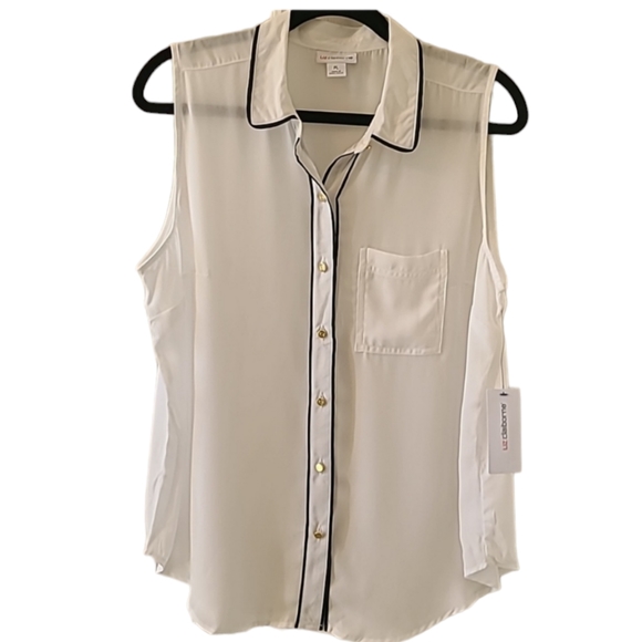 LIZ CLAIBORNE WOMENS PETITE WHITE & BLACK SLEEVELESS BUTTON BLOUSE PETITE LARGE - Picture 2 of 16